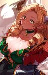  1girl blonde_hair blush breasts choker cleavage collarbone dangle_earrings draph dress drill_hair earrings fujioka_yatsufusa granblue_fantasy green_choker green_dress highres horns jewelry large_breasts long_coat long_hair looking_at_viewer maria_theresa_(granblue_fantasy) pointy_ears quad_drills sitting solo yellow_eyes 