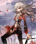  1girl artist_name bad_id bad_pixiv_id english_text floating_hair flower holding holding_sword holding_weapon light_smile long_hair looking_at_viewer original qtonagi red_eyes rose sky smile solo standing sword weapon white_hair 