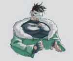  1boy bara black_hair cleavage_cutout clothing_cutout coat cropped_torso facial_hair goatee_stubble heart_cutout highres large_pectorals looking_at_viewer mask muscular muscular_male off_(game) pectorals short_hair solo spiked_hair stubble unfinished wavywhiskers zacharie_(off) 