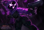  anthro being_mean epic_games female fight fortnite gesture gun hand_gesture hood mean pointing purple raining ranged_weapon skeleion solo standing weapon 