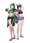  2girls absurdres adjusting_clothes adjusting_headwear alternate_costume alternate_hairstyle arknights baseball_cap bikini black_sarong black_shirt blue_hair breasts ch&#039;en_(arknights) coconut_cup commentary crop_top dragon_girl dragon_horns female_tourist_c_(arknights) food fruit green_eyes green_hair grey_shorts hair_between_eyes hand_on_own_hip hat high_heels highleg highleg_bikini highres holding holding_food holding_fruit horns horns_through_headwear hoshiguma_(arknights) large_breasts long_sleeves looking_at_viewer multiple_girls navel official_alternate_costume official_alternate_hairstyle open_fly open_mouth red_eyes sandals sarong shirt short_shorts shorts sidelocks simple_background single_horn skin-covered_horns smile standing stomach swimsuit symbol-only_commentary thighs underboob underbust white_background yiyanbanshengchou 