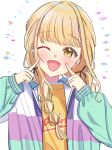  1girl ;d absurdres blonde_hair braid fang fingers_to_cheeks fujita_kotone gakuen_idolmaster hair_ribbon highres idolmaster jacket looking_at_viewer multicolored_clothes multicolored_jacket one_eye_closed ribbon shigino_tsugumi shirt smile solo twin_braids upper_body yellow_eyes yellow_shirt 