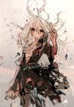  1girl bad_id bad_pixiv_id black_dress closed_mouth dress english_text floating_hair hand_up jewelry long_hair looking_at_viewer necklace open_hand original qtonagi red_eyes solo white_hair 