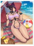  1girl absurdres alternate_costume ball beach beachball black_hair bra breasts collar diagonal_bangs ear_piercing full_body hair_horns han_juri highres large_breasts legs_together linea_alba medium_hair multicolored_hair navel ocean parasol piercing purple_bra purple_hair red_eyes sand skullworms solo spiked_collar spiked_wristband spikes street_fighter two-tone_hair umbrella underwear wet 