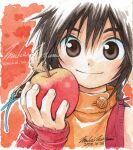  +anima apple braid brown_eyes brown_hair child detached_sleeves dot_nose food fruit hair_between_eyes hand_up holding holding_food holding_fruit layered_clothes medium_hair mukai_natsumi official_art orange_sweater painting_(medium) portrait red_background red_shirt red_sleeves shirt side_braid signature simple_background sleeves_past_wrists smile solo sweater traditional_media turtleneck watercolor_(medium) watermark 