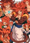  1boy absurdres biceps black_wristband blue_eyes blue_sash body_fur dragon_ball dragon_ball_gt gogeta highres looking_at_viewer male_focus metamoran_vest monkey_boy monkey_tail multiple_views muscular muscular_male no_nipples pants pectorals red_hair relio_db318 sash simple_background smile solo spiked_hair super_saiyan super_saiyan_4 tail veins veiny_hands white_pants 