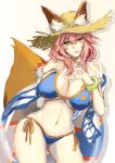  1girl animal_ear_fluff animal_ears bikini blue_bikini blush breasts cleavage commentary_request fate/grand_order fate_(series) fox_ears fox_girl fox_tail hair_between_eyes hat highres innertube large_breasts lips long_hair looking_at_viewer navel pink_hair pink_lips simple_background solo stomach straw_hat sun_hat swim_ring swimsuit tail tamamo_(fate) tamamo_no_mae_(swimsuit_lancer)_(fate) thirukin wet white_background yellow_eyes 
