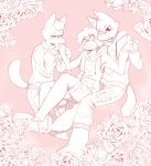 absurd_res ambiguous_gender anthro aym_(cult_of_the_lamb) baal_(cult_of_the_lamb) blush blush_lines bovid caprine clothed clothing cotl-flower-crown cult_of_the_lamb domestic_cat felid feline felis flirting flower fluffy group hi_res kissing_hand lamb_(cult_of_the_lamb) male mammal massive_monster_(studio) pink_background plant polyamory rose_(flower) sheep simple_background trio tuft