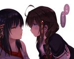  ahoge black_hair black_serafuku blue_eyes braid brown_hair closed_eyes hair_ornament hair_over_shoulder kantai_collection long_hair looking_at_another multiple_girls remodel_(kantai_collection) school_uniform serafuku shigure_(kantai_collection) single_braid sleeping sumeragi_hamao translated yamashiro_(kantai_collection) yuri 