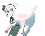  2girls black_bow black_bowtie black_hairband blue_eyes bow bowtie bright_pupils commentary_request flying_sweatdrops ghost green_skirt green_vest hairband hoshii_1213 konpaku_youmu konpaku_youmu_(ghost) meme multiple_girls pov_cheek_grabbing_(meme) saigyouji_yuyuko short_hair short_sleeves simple_background skirt solo_focus touhou vest white_background white_hair white_pupils 