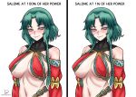  1girl absurdres artist_name bare_shoulders blush breasts bright_pupils commentary covered_nipples english_commentary english_text fate/grand_order fate_(series) green_hair highres large_breasts looking_at_viewer midriff mole mole_on_breast navel parted_bangs pink_eyes romulproduce salome_(fate) short_hair_with_long_locks simple_background white_background white_pupils 