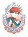  1boy adol_christin armor closed_mouth crossed_bangs eien_galaxy_ko grey_eyes highres picture_frame portrait red_hair red_shirt shirt short_hair shoulder_armor simple_background solo upper_body ys 