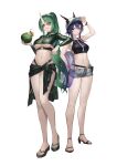  2girls absurdres adjusting_clothes adjusting_headwear alternate_costume alternate_hairstyle arknights baseball_cap bikini black_sarong black_shirt blue_hair breasts ch&#039;en_(arknights) coconut_cup commentary crop_top dragon_girl dragon_horns female_tourist_c_(arknights) food fruit green_eyes green_hair grey_shorts hair_between_eyes hand_on_own_hip hat high_heels highleg highleg_bikini highres holding holding_food holding_fruit horns horns_through_headwear hoshiguma_(arknights) large_breasts long_sleeves looking_at_viewer multiple_girls navel official_alternate_costume official_alternate_hairstyle open_fly open_mouth red_eyes sandals sarong shirt short_shorts shorts sidelocks simple_background single_horn skin-covered_horns smile standing stomach sunglasses swimsuit symbol-only_commentary thighs underboob underbust white_background yiyanbanshengchou 
