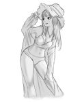  1girl adjusting_clothes adjusting_headwear azurdraws bikini breasts cleavage coat commentary greyscale hand_on_own_knee hat highres jewelry leaning_forward long_hair looking_to_the_side monochrome navel necklace open_clothes open_coat original parted_lips solo spanish_commentary sun_hat swimsuit 