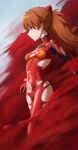  1girl absurdres blue_eyes bodysuit breasts brown_hair closed_mouth covered_navel cowboy_shot evangelion:_3.0+1.0_thrice_upon_a_time facing_to_the_side from_side hairpods highres long_hair matmaj neon_genesis_evangelion plugsuit rebuild_of_evangelion red_background red_bodysuit small_breasts solo souryuu_asuka_langley two_side_up 
