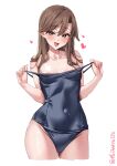  1girl arashio_(kancolle) areola_slip blue_one-piece_swimsuit blush breasts brown_eyes brown_hair commentary covered_navel cowboy_shot ebifurya heart highres kantai_collection long_hair looking_at_viewer old_school_swimsuit one-piece_swimsuit school_swimsuit simple_background smile solo swimsuit twitter_username white_background wide_hips 
