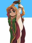  1girl brown_hair closed_mouth collarbone curly_hair dragon_quest dragon_quest_vii dress green_eyes head_scarf hood leg_up long_hair looking_at_viewer maribel_(dq7) panties solo stupa13a underwear white_panties 