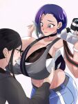  2girls black_hair blue_hair breasts camera commission glasses gradient_hair green_hair grey_sports_bra highres holding holding_camera huge_breasts komochizuki_rakuraku multicolored_hair multiple_girls original perrin_(pokemon) photographer pokemon pokemon_sv skeb_commission sports_bra yuri 