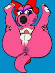  2024 anthro anus balls birdo birdo_(character) blue_eyes butt charliepops digital_media_(artwork) eyelashes eyeshadow genitals hands_on_legs hi_res legs_up looking_at_viewer makeup male mario_bros multicolored_body multicolored_scales nintendo nipples open_mouth penis pink_body pink_nipples pink_scales pink_tail presenting presenting_hindquarters purple_eyeshadow red_ribbon ribbons scales solo tail tail_anus thick_thighs tongue two_tone_body two_tone_scales white_body white_scales 