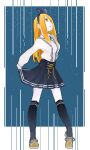  1girl bad_id bad_pixiv_id blonde_hair blue_skirt brown_footwear character_request colored_skin copyright_request full_body hair_behind_ear hair_ribbon kneehighs long_bangs long_hair looking_to_the_side lowres open_mouth ribbon sentakki shirt shoes simple_background skirt socks solo teeth upper_teeth_only white_shirt white_skin 