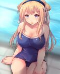  1girl blonde_hair blue_one-piece_swimsuit blush breasts cleavage collarbone competition_school_swimsuit double_bun fletcher_(kancolle) hair_bun hairband highres hirune_(konekonelkk) kantai_collection large_breasts long_hair looking_at_viewer one-piece_swimsuit pool poolside purple_eyes rei_no_pool school_swimsuit sitting smile solo swimsuit water 
