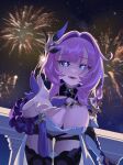  1girl absurdres aerial_fireworks bent_over black_footwear black_shorts blue_eyes boots breasts cleavage commentary_request elf elysia_(honkai_impact) elysia_(miss_pink_elf)_(honkai_impact) fireworks hair_between_eyes hair_ornament hand_up highres honkai_(series) honkai_impact_3rd large_breasts lower_teeth_only night night_sky open_mouth pointy_ears puffy_sleeves shirt short_shorts shorts sky teeth thigh_boots thighs white_shirt zettai_ryouiki zhu_fun_(pixiv_21401851) 