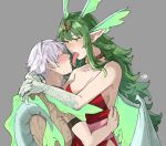  1boy 1girl alternate_hairstyle blush breasts brown_shirt closed_eyes commentary dragon_girl dragon_horns dragon_tail dragon_wings dress english_commentary fire_emblem fire_emblem_awakening french_kiss green_eyes grey_background grey_hair hair_ornament hetero highres horns hug kiss long_hair looking_at_another medium_breasts mole mole_on_breast monster_girl pointy_ears red_dress ribbed_shirt robin_(fire_emblem) robin_(male)_(fire_emblem) sakuremi saliva saliva_trail scales shirt short_hair short_sleeves signature simple_background strapless strapless_dress tail tiki_(adult)_(fire_emblem) tiki_(fire_emblem) tongue tongue_out very_long_hair white_hair wings 