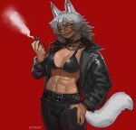  1girl abs absurdres animal_ears belt bikini bikini_top_only black_belt black_bikini black_jacket black_nails black_pants breasts chain chain_necklace cigarette cleavage collar commentary_request cowboy_shot dark-skinned_female dark_skin ezzydraws fingernails grin hair_between_eyes highres holding holding_cigarette jacket jewelry large_breasts long_bangs long_hair looking_afar messy_hair muscular muscular_female necklace open_clothes open_jacket orange_eyes original pants red_background simple_background smile smoking solo spiked_collar spikes studded_belt swimsuit tail wolf_ears wolf_girl wolf_tail 