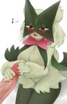  absurd_res anthro big_breasts blush bodily_fluids breasts cleavage clothed clothing cum duo female fur generation_9_pokemon genital_fluids genitals green_body handjob hi_res humanoid_genitalia humanoid_penis kaiske2 male male/female mammal meowscarada mostly_offscreen_character nintendo open_mouth penile penis pokemon pokemon_(species) sex simple_background smile 