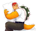  1boy bara belt black_belt black_eyes blush bowser brown_pants claws feet_out_of_frame highres horns hugging_object humanization male_focus mario_(series) motion_lines orange_skirt pants parted_lips pillow pointy_ears red_hair reptile_boy sharp_teeth shirt short_sleeves skirt solo spiked_shell spiked_tail sweatdrop tail teeth thick_eyebrows turtle_shell white_shirt yowasabimechaoc 