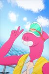  2:3 absurd_res anthro blurred_background brawl_stars clothed clothing dinosaur doug_(brawl_stars) fence hi_res life_jacket male mkaiast muscular pink_body pink_skin reptile scalie sea selfie sky solo supercell_(company) visor water 