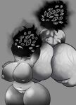  2024 areola belly big_breasts big_butt black_face black_text bodily_fluids breasts butt digital_media_(artwork) ellegaarddraws english_text female front_view grey_areola grey_background grey_body grey_breasts grey_nipples grey_skin hands_behind_head hi_res huge_breasts humanoid monster monstrous_humanoid multi_eye navel nipples rear_view simple_background solo sweat sweatdrop sweaty_butt text the_visitor_(ze_blackball.d) thick_thighs wide_hips 