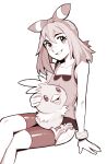  1girl :d bare_shoulders bike_shorts effy_neprin flat_chest hair_between_eyes highres long_hair looking_at_viewer may_(pokemon) monochrome on_lap pokemon pokemon_(creature) pokemon_on_lap pokemon_rse shirt shorts sitting smile torchic wristband 