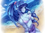  beach bikini blue_eyes blue_hair blue_sarong blue_skin breasts celsius_(tales) cleavage cloud day expressionless long_hair medium_breasts nijigami_rin outdoors pointy_ears ponytail sarong sky solo swimsuit tales_of_(series) tales_of_eternia water white_bikini 