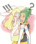  ! !! 1boy 1girl ? alternate_eye_color awarinko backpack bag blonde_hair blue_eyes blush carrying dark-skinned_male dark_skin dress green_hair hat hau_(pokemon) hetero lillie_(pokemon) looking_at_another pokemon pokemon_sm princess_carry red_eyes upskirt white_dress white_hat 