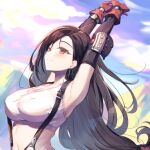  1girl armpits arms_up bare_shoulders black_hair black_sleeves blue_sky blush breasts bucchake_(asami) closed_mouth cloud cloudy_sky collarbone commentary crop_top detached_sleeves earrings elbow_pads final_fantasy final_fantasy_vii gloves hair_behind_ear jewelry large_breasts long_hair looking_up low-tied_long_hair midriff mountain mountainous_horizon navel outdoors outstretched_arms red_eyes red_gloves single_earring single_elbow_pad sky smile solo stretching suspenders tank_top tifa_lockhart upper_body very_long_hair white_tank_top 