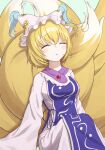  1girl absurdres animal_ears animal_hat beckody blonde_hair blush closed_eyes commentary_request dress fox_ears fox_tail hat highres long_sleeves mob_cap multiple_tails open_mouth purple_tabard short_hair sleeping solo tabard tail touhou yakumo_ran 