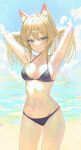  1girl absurdres animal_ear_fluff animal_ears armpits arms_behind_head arms_up bare_arms bare_shoulders beach bikini black_bikini blonde_hair blue_sky blush breasts cat_ears character_request cleavage closed_mouth cloud collarbone cowboy_shot damcheong day gradient_eyes green_eyes hair_between_eyes halterneck hand_in_own_hair highres long_hair looking_at_viewer medium_breasts midriff multicolored_eyes navel ocean original outdoors sidelocks sky solo standing stomach swimsuit water yellow_eyes 