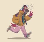 anthro berchbark bottomwear clothed clothing eyewear footwear gesture glasses hand_gesture hi_res male pants pink_body pink_bottomwear pink_clothing pink_pants pink_skin shoes solo v_sign