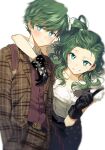  1boy 1girl backpack bag belt black_gloves blush brother_and_sister character_request copyright_request embarrassed gloves green_eyes green_hair looking_at_viewer short_hair siblings simple_background skirt smile sukja teeth wavy_hair white_background 