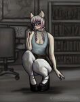  angie_yiffcorp anthro bedroom_eyes blush bottomwear canid canine clothed clothing femboy footwear fur hair hi_res legwear looking_at_viewer male mammal narrowed_eyes pigtails platform_footwear seductive skirt smile solo stockings text tights topwear toy url white_clothing white_legwear white_stockings yiffcorp yiffcorp_oc 