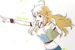  ahoge artist_name bad_id bad_pixiv_id blonde_hair bracelet character_name green_eyes hoshii_miki idolmaster idolmaster_(classic) jewelry long_hair looking_at_viewer midriff navel necklace open_mouth overexposure pointing rod_(rod4817) solo star 