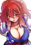  1girl blush breasts cleavage commentary_request hair_bobbles hair_ornament highres kana_(user_rkuc4823) large_breasts looking_at_viewer onozuka_komachi open_mouth red_eyes red_hair short_sleeves simple_background solo touhou two_side_up upper_body white_background 