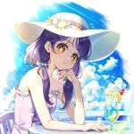  1girl bare_shoulders blue_sky bow chair cloud cloudy_sky commentary_request day dress drinking_straw elbow_rest frilled_dress frills glass hair_bow hair_over_shoulder hat highres horizon jewelry long_hair looking_at_viewer low_twintails ocean orange_eyes outdoors parted_lips partial_commentary precure purple_hair rice_rabbit22 ring shell_hat_ornament sitting sky solo strapless strapless_dress sun_hat sundress sunlight suzumura_sango table tropical-rouge!_precure twintails white_hat 