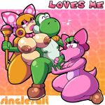 accessory anthro balls big_breasts birdo bow_ribbon breasts fellatio female genitals green_yoshi group group_sex hair_accessory hair_bow hair_ribbon hand_on_head handjob heart_eyes heart_symbol hi_res huge_breasts kneeling koopa koopaling male male/female mario_bros mind_control nintendo nude oral penile penis ribbons scalie sex singlesalt threesome trio wendy_o._koopa yoshi