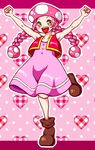  artist_request boots braid commentary_request dress hair_ornament hat mario_(series) open_mouth personification pink_hair solo super_mario_bros. toadette twin_braids vest yellow_eyes 