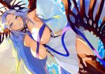  1girl alsace_(azur_lane) armored_legwear armpits azur_lane between_breasts black_tiara blue_eyes blue_hair blue_ribbon breast_ribbon breastless_clothes breasts cloud cloudy_sky commentary highres large_breasts long_hair looking_at_viewer open_mouth ribbon sideways skirt sky solo strap_between_breasts tiara white_skirt yun-yang 
