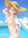  1girl arm_behind_head bikini blush breasts brown_hair cleavage collarbone commentary_request contrail floating_hair front-tie_bikini_top front-tie_top gakuen_idolmaster hat highres himesaki_rinami holding_sandals idolmaster long_hair looking_at_viewer medium_breasts nokino_shida open_clothes open_shirt outdoors sandals scrunchie shirt side-tie_bikini_bottom sideboob smile solo stomach straw_hat string_bikini swimsuit unworn_sandals white_bikini white_shirt wrist_scrunchie 