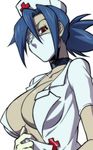  1girl blue_hair breasts choker cleavage eyepatch ganno gloves hat large_breasts latex latex_gloves nurse nurse_cap open_clothes ponytail short_hair skullgirls surgical_mask symbol-shaped_pupils upper_body valentine_(skullgirls) 