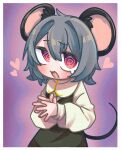  1girl @_@ animal_ears blush border commentary_request cookie_(touhou) cowboy_shot dress grey_dress grey_hair hair_between_eyes highres long_sleeves looking_at_viewer medium_bangs melanin_shikiso mouse_ears mouse_girl mouse_tail nazrin nyon_(cookie) open_mouth purple_background red_eyes shirt short_hair sleeveless sleeveless_dress smile solo tail touhou white_border white_shirt 